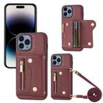 For iPhone 14 Pro DF-09 Crossbody Litchi texture Card Bag Design PU Phone Case(Wine Red)