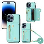 For iPhone 14 Pro Max DF-09 Crossbody Litchi texture Card Bag Design PU Phone Case(Cyan)