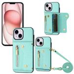 For iPhone 15 DF-09 Crossbody Litchi texture Card Bag Design PU Phone Case(Cyan)