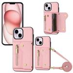 For iPhone 15 DF-09 Crossbody Litchi texture Card Bag Design PU Phone Case(Pink)