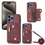 For iPhone 15 Pro DF-09 Crossbody Litchi texture Card Bag Design PU Phone Case(Wine Red)