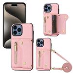 For iPhone 15 Pro DF-09 Crossbody Litchi texture Card Bag Design PU Phone Case(Pink)