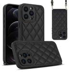 For iPhone 12 Pro Rhombic Texture Phone Case with Dual Lanyard(Black)