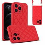 For iPhone 12 Pro Rhombic Texture Phone Case with Dual Lanyard(Red)