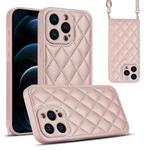 For iPhone 12 Pro Max Rhombic Texture Phone Case with Dual Lanyard(Rose Gold)