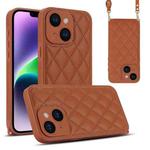 For iPhone 14 Rhombic Texture Phone Case with Dual Lanyard(Brown)