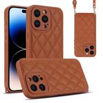 For iPhone 14 Pro Max Rhombic Texture Phone Case with Dual Lanyard(Brown)