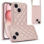 For iPhone 15 Rhombic Texture Phone Case with Dual Lanyard(Rose Gold)