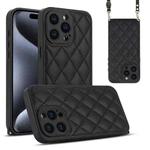 For iPhone 15 Pro Rhombic Texture Phone Case with Dual Lanyard(Black)