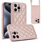 For iPhone 15 Pro Max Rhombic Texture Phone Case with Dual Lanyard(Rose Gold)