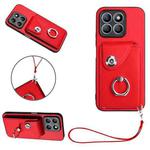 For Honor X8b 4G Global Organ Card Bag Ring Holder PU Phone Case with Lanyard(Red)