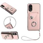 For OPPO A58 4G Global Organ Card Bag Ring Holder PU Phone Case with Lanyard(Pink)