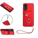 For OPPO A78 4G Global Organ Card Bag Ring Holder PU Phone Case with Lanyard(Red)