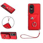 For OPPO Reno10/Reno10 Pro Global Organ Card Bag Ring Holder PU Phone Case with Lanyard(Red)