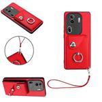 For OPPO Reno11 Pro Global Organ Card Bag Ring Holder PU Phone Case with Lanyard(Red)