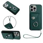 For iPhone 15 Pro Max Organ Card Bag Ring Holder PU Phone Case with Lanyard(Green)