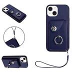 For iPhone 14 Plus Organ Card Bag Ring Holder PU Phone Case with Lanyard(Blue)