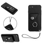 For iPhone SE 2022/SE 2020/6/7/8 Organ Card Bag Ring Holder PU Phone Case with Lanyard(Black)