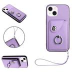 For iPhone 13 Organ Card Bag Ring Holder PU Phone Case with Lanyard(Purple)