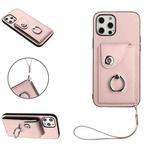 For iPhone 12 Pro Max Organ Card Bag Ring Holder PU Phone Case with Lanyard(Pink)
