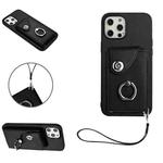 For iPhone 12 Pro Organ Card Bag Ring Holder PU Phone Case with Lanyard(Black)