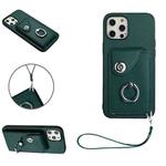 For iPhone 12 Pro Organ Card Bag Ring Holder PU Phone Case with Lanyard(Green)