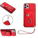 For iPhone 11 Pro Max Organ Card Bag Ring Holder PU Phone Case with Lanyard(Red)