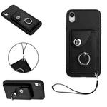 For iPhone XR Organ Card Bag Ring Holder PU Phone Case with Lanyard(Black)