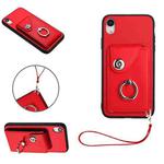 For iPhone XR Organ Card Bag Ring Holder PU Phone Case with Lanyard(Red)