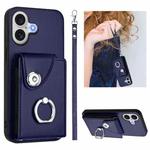 For iPhone 17 Organ Card Bag Ring Holder PU Phone Case with Lanyard(Blue)