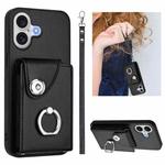 For iPhone 17 Organ Card Bag Ring Holder PU Phone Case with Lanyard(Black)