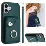 For iPhone 17 Organ Card Bag Ring Holder PU Phone Case with Lanyard(Green)