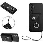 For Samsung Galaxy S23 FE 5G Organ Card Bag Ring Holder PU Phone Case with Lanyard(Black)