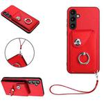 For Samsung Galaxy S23 FE 5G Organ Card Bag Ring Holder PU Phone Case with Lanyard(Red)