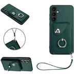 For Samsung Galaxy S23 FE 5G Organ Card Bag Ring Holder PU Phone Case with Lanyard(Green)