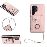 For Samsung Galaxy S24 Ultra 5G Organ Card Bag Ring Holder PU Phone Case with Lanyard(Pink)