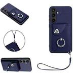 For Samsung Galaxy S24 5G Organ Card Bag Ring Holder PU Phone Case with Lanyard(Blue)