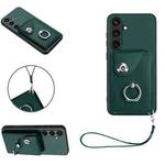 For Samsung Galaxy S24 5G Organ Card Bag Ring Holder PU Phone Case with Lanyard(Green)