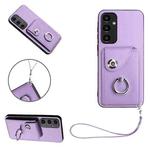 For Samsung Galaxy A55 Organ Card Bag Ring Holder PU Phone Case with Lanyard(Purple)