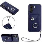 For Xiaomi Redmi 13C 4G / Poco C65 Organ Card Bag Ring Holder PU Phone Case with Lanyard(Blue)