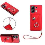 For Xiaomi Redmi Note 13 4G Global Organ Card Bag Ring Holder PU Phone Case with Lanyard(Red)