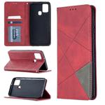 For Samsung Galaxy A21s Rhombus Texture Horizontal Flip Magnetic Leather Case with Holder & Card Slots(Red)