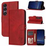 For Sony Xperia 1 VII Embossed Happy Cat Pattern Flip Leather Phone Case(Red)