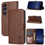 For Sony Xperia 1 VII Embossed Happy Cat Pattern Flip Leather Phone Case(Brown)