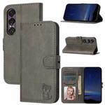 For Sony Xperia 1 VII Embossed Happy Cat Pattern Flip Leather Phone Case(Grey)
