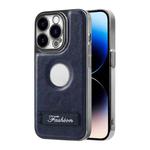 For iPhone 14 Pro Y3 Electroplated Fine Hole Leather Phone Case with Holder(Navy Blue)