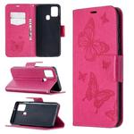 For Samsung Galaxy A21s Embossing Two Butterflies Pattern Horizontal Flip PU Leather Case with Holder & Card Slot & Wallet & Lanyard(Rose Red)