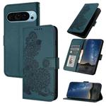 For Google Pixel 9 Pro Datura Flower Embossed Flip Leather Phone Case(Dark Green)