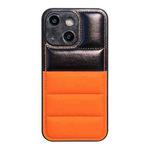 For iPhone 15 Color Block Down Jacket Phone Case(Black Orange)