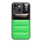 For iPhone 15 Color Block Down Jacket Phone Case(Black Green)